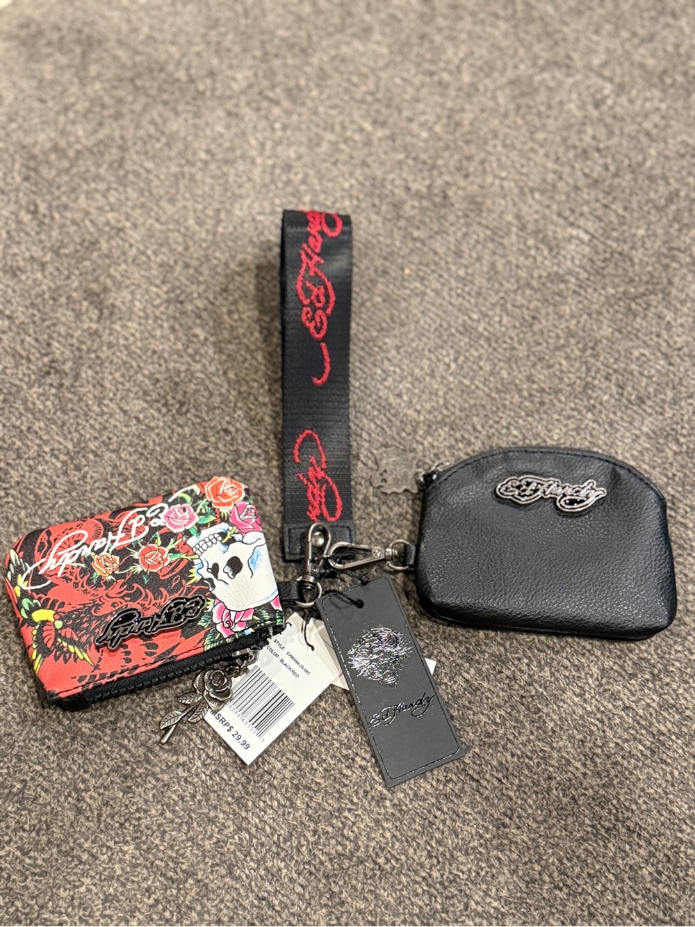 Ed Hardy Black & Red Floral Skull Wristlet Keychain Set